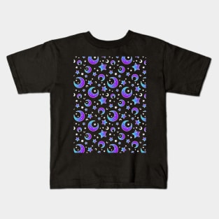 Mystical bright neon pattern with blue moon and stars Kids T-Shirt